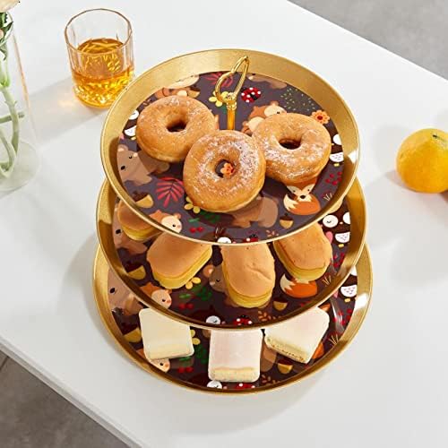 עמדת עוגות סט 3 דוכני קאפקייקס שכבה פלטת מאפה לשימוש חוזר לקישוטים למסיבות תה יום הולדת, חיה מצוירת של חיה סתיו