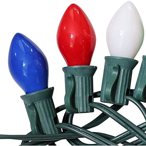אורות מחרוזת פטריוטיים-קרמיקה מיושנת ג7 אורות עץ חג המולד-אורות אדומים לבנים וכחולים עם חוט ירוק-אול רשום-סט