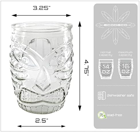 סט אקודקו של 4 כוסות טיקי בר-זכוכית כפולה בסגנון הוואי 16 גרם כוסות שקופות-עם קש סיבי צמח ג ' מבו