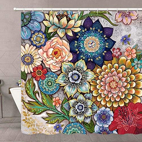 וילונות מקלחת פרחים של ניזוב בוהו לחדר אמבטיה, וילון מקלחת פריחת בד בהיר עם 12 ווים, צבע רב 72 × 78