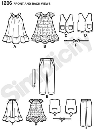 פשטות 1206 מכנסי פעוטות של ילד וילדה, אפוד, שמלה, דפוסי תפירה של עניבת קשת וחגורה, גדלים א