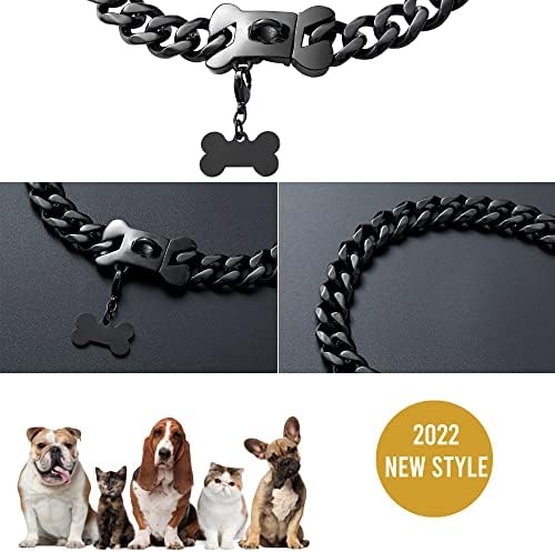 צווארון שרשרת כלבים שחורה צווארון מתכת צווארון עם אבזם צורת עצם עיצוב, 15 ממ/19 ממ חזק חובה