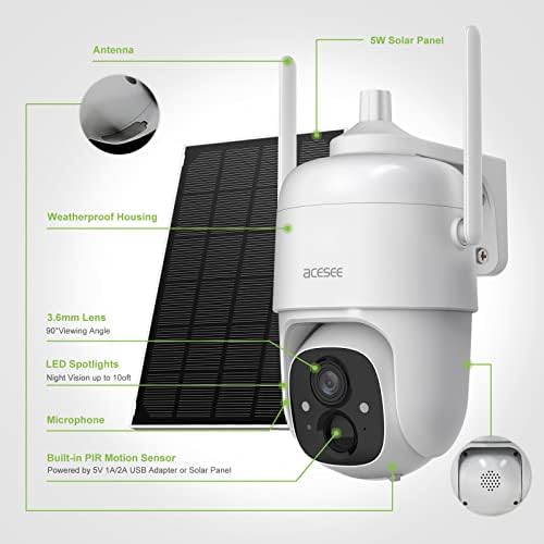 מצלמת אבטחה של ACESEE חיצונית אלחוטית, 360 ° PTZ סוללה סולארית המופעלת על מצלמות אלחוטיות WiFi לאבטחה