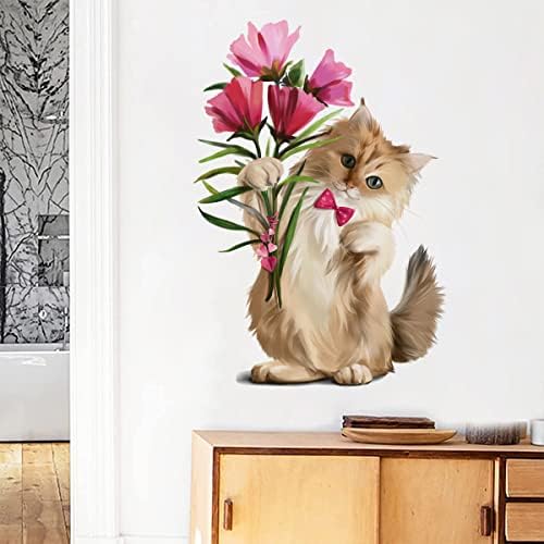 צבעי מים חתלתול קיטי מדבקות קיר נשלף 3 פרחי חתול מדבקות קיר דקור בנות חדר שינה מדבקות ילדים משתלת