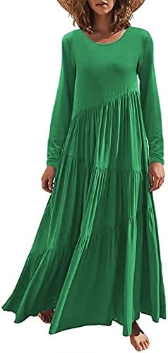 נשים של נדנדה שמלות אופנה מוצק צבע ארוך שרוולים עגול-צוואר שכבות קפלים שמלה קיצית החוף מקרית מקסי