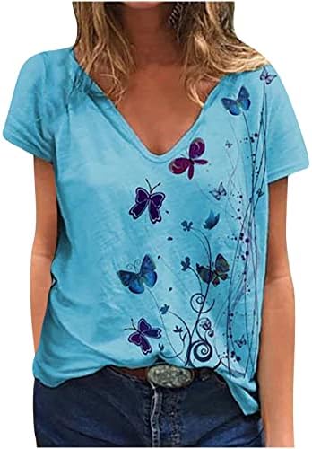 קיץ מזדמן חולצה לנשים צבעוני פרפרים מודפס חולצות צווארון קצר שרוול טי חולצות רופף בכושר חולצות