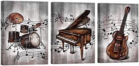 Aiqiulvyo מוזיקה ארט קיר קיר קיר קיר - חום ושחור בגיטרה שחורה פסנתר סקסופון ותמונות תוף נמתחות אמנות ממוסגרת