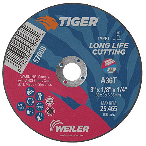 WEILER 57068 3 X 1/8 TIGER AO מסוג 1 גלגל חיתוך, A36S, 1/4 A.H.