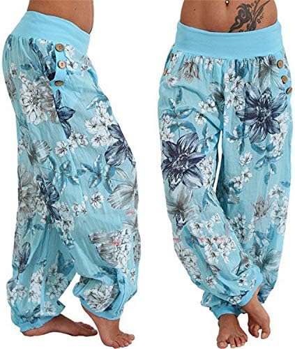 נשים Andongnywell מדפיסות מכנסיים רחבים של הרם היפי בוהו כפתור כיס רופף מכנסיים המותניים הגבוהים