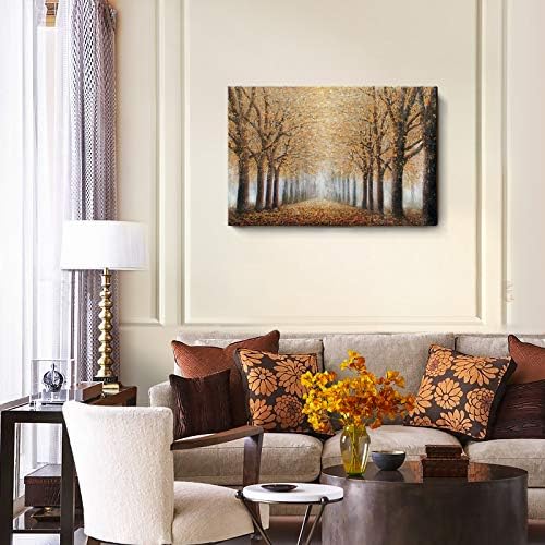 עץ קיר אמנות לסלון צבוע ביד יער שמן ציור ממוסגר צהוב גרוב יצירות אמנות סתיו נוף בד הדפסת לסלון חדר