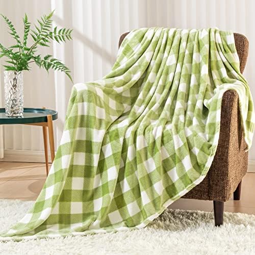 שמיכת זריקת צמר פליטה למיטה ספה ספה, עיצוב משובץ באפלו מרווה ירוק ולבן משובץ, שמיכה זריקה קפיצה חמה ומטושטשת