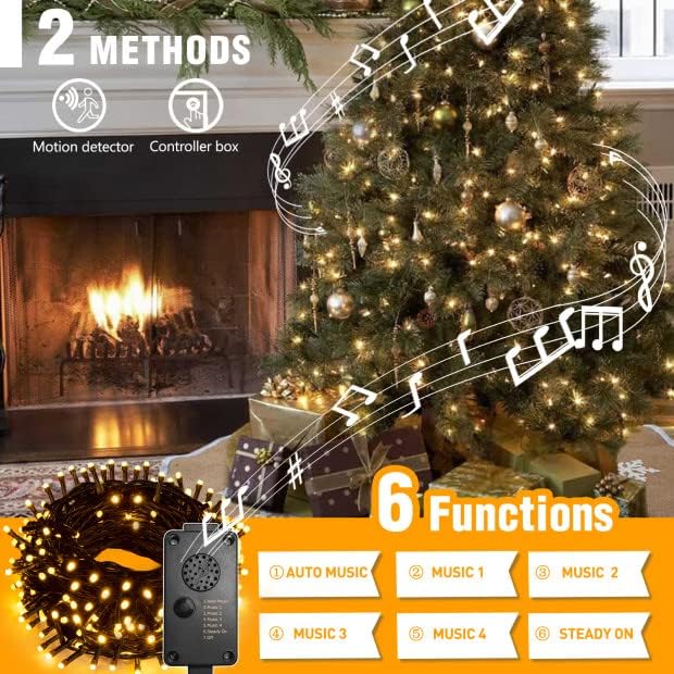 אורות חג המולד של Eambrite חיצים חיצוניים 82ft 200lt אורות חג מולד עם מוסיקה עליזה על בקר חיישן תנועה