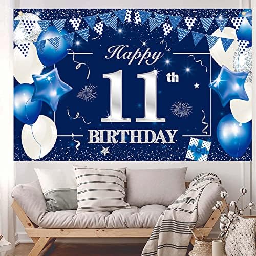 P.G Collin Happy 11th יום הולדת 11 רקע רקע רקע, 11 קישוטים למסיבות יום הולדת ציוד לבנים לילדים בנות 6 x 4ft כחול