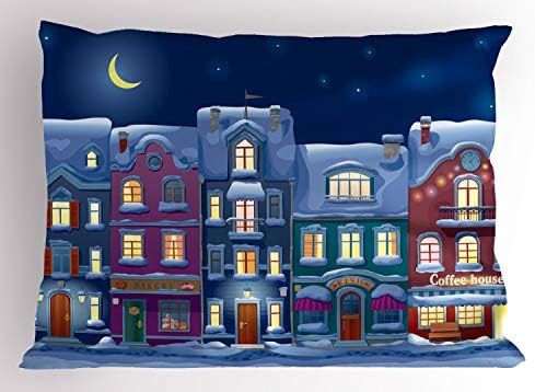 כרית עיר אמבסון בושה, בתים ישנים ומסודרים בסמוך לחנויות ובתי קפה שלג מכוסה לילה חורף רחוב, כרית דקורטיבית