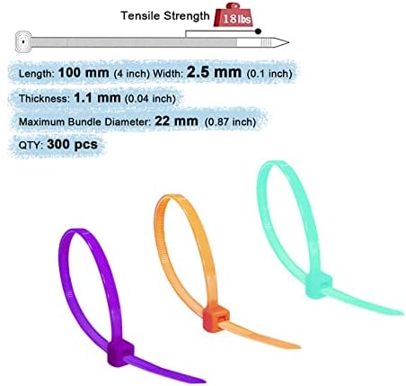 קשרי כבלים צבעוניים כבדים 100 ממ x 2.5 ממ, ניילון 6/6 קשרי רוכסן חזקים, מחשב וגינה קשרי פלסטיק קטנים, עטיפות