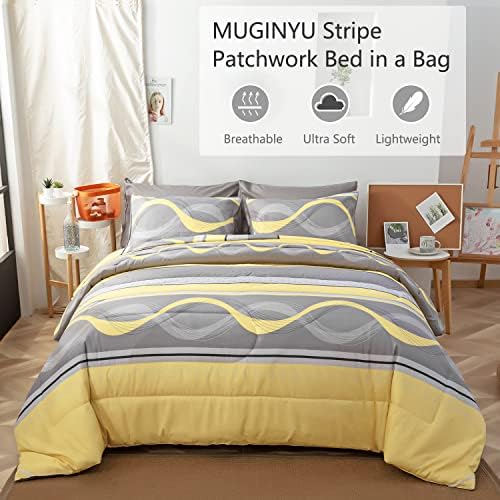 Muginyu 7 חתיכות מיטה בשקית, שמיכת פסים טלאים סט קווין גודל, אפור וצהוב שמיכה גיאומטרית ומערכת סדינים, כל