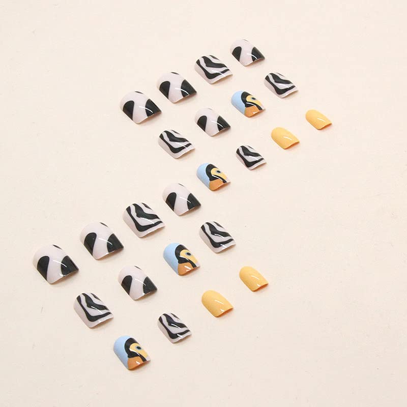 24 יחידות קצר ארון עיתונות על ציפורניים, צרפתית טיפ מלאכותי שווא ציפורניים עם דבק, שחור ולבן בעלי