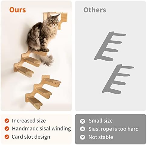 חתול קיר מדף, 2 יחידות חתול קיר ריהוט, גדול גודל מוצק עץ חתול קיר טיפוס צעדים, קיר רכוב חתול מדרגות עם סיסל גירוד