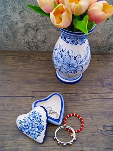 צבוע ביד כחול -לבן חרס פורטוגזית Alcobaça קרמיקה קופסת תכשיטי לב גדולה