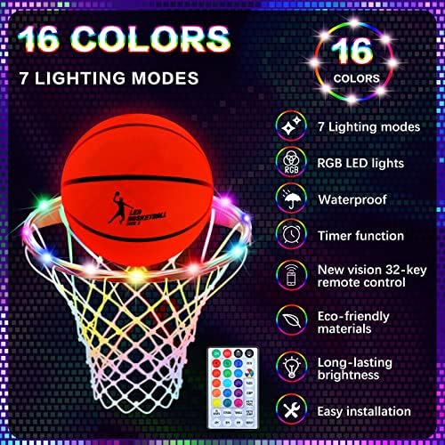 2 יחידות אור כדורסל זוהר בחושך כדורסל הוביל כדורסל חישוק אורות שלט רחוק כדורסל שפת אורות עמיד