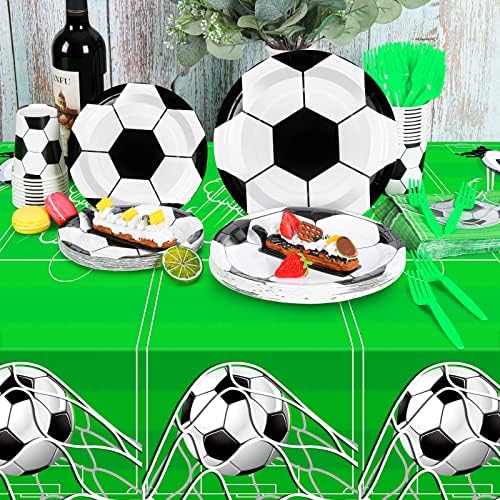 דורוני 121 חתיכות כדורגל מסיבת כלי שולחן סט כולל כדורגל מסיבת צלחות ומפיות, כוסות, מפת שולחן, מזלגות כדורגל