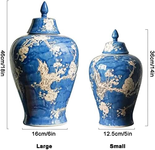 CNPRAZ כחול קרמיקה אגרטנים ג'ינג'ר ג'ינג'ר עם מכסה לעיצוב הבית, דפוס פריחת שזיף אגרטל צנצנת חרסינה מסורתית