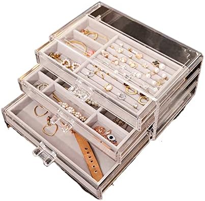 WLBHWL קופסת תכשיטים ברורה 3 מגירות, מארגן תכשיטים ברור טבעות קטיפה שרשראות צמידי עגיל תצוגה מגש מחזיק מעמד