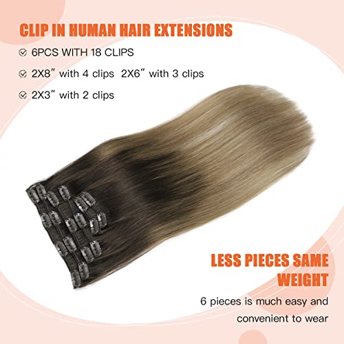 קליפ בתוספות שיער, צבע חום כדי מלוכלך בלונד אמיתי שיער טבעי הרחבות רך טבעי 6 יחידות 100 גרם רמי שיער