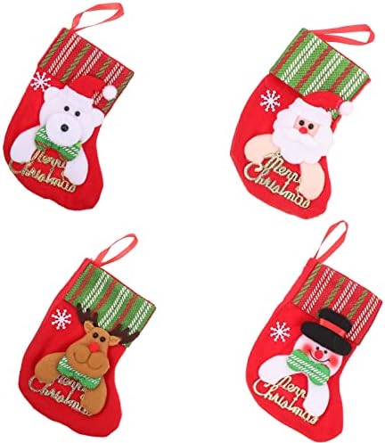 גרביים מיני לחג המולד קישוטים תלויים: 4 יחידות חג המולד גרביים שקיות מתנה ממתקים עם סנטה פתית שלג