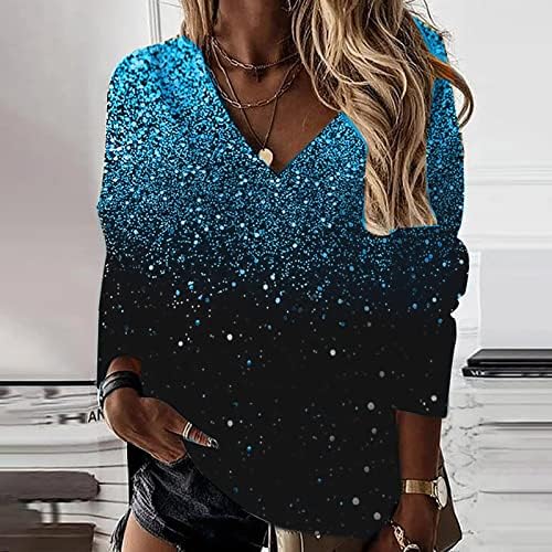 Camisetas Gran Tamaño lentejuelas para mujer blusa manga larga con cuello pico camiseta holgada brillante,