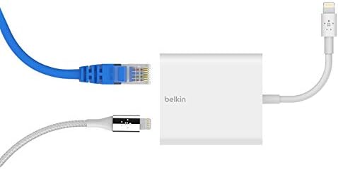 מתאם Belkin Ethernet & Power W/ מחבר ברק - מפצל אתרנט יציאה כפול עבור Apple iPad Pro, Ipad Mini, Air