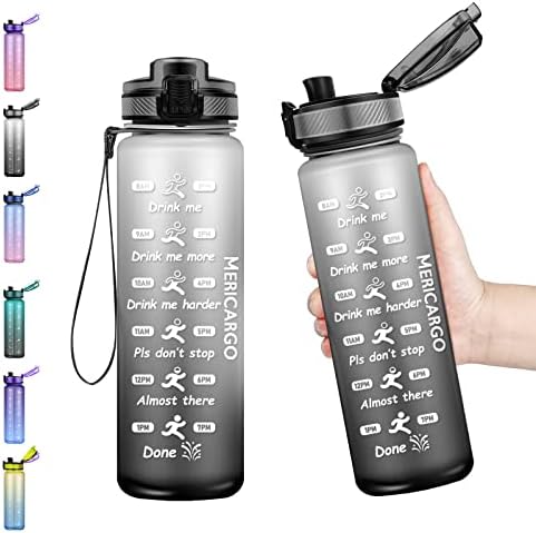 Mericargo 32oz בקבוק מים מוטיבציוני עם סמן זמן, בקבוק מים שתייה חינם של BPA דליפה, כד מים לשימוש חוזר
