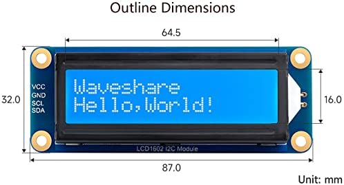 Waveshare AIP31068 LCD1602 I2C מודול, תצוגה של 16x2 תווים, צבע לבן עם רקע כחול, תואם לארדואינו/פטל