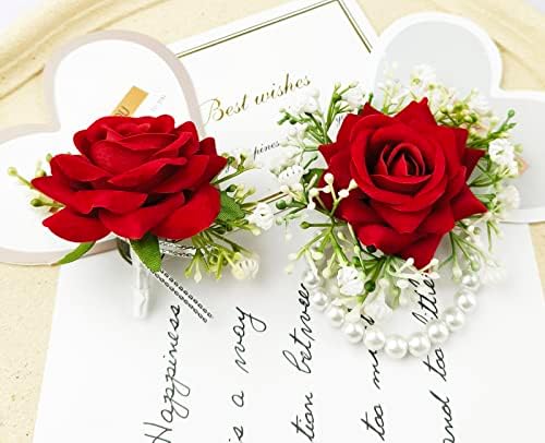 Mafeloe 2 PCS פרחים מלאכותיים פרחי שורש כף יד ומערכת Boutonniere עבור חתן לחתן שושבינה, אביזרי פרחים לחתונה קישוטי