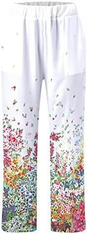 נשים כותנה פשתן מכנסיים עם כיסי בציר קומפי אלסטי מותניים פאלאצו מכנסיים פרחוני הדפסת מכנסיים לנשים