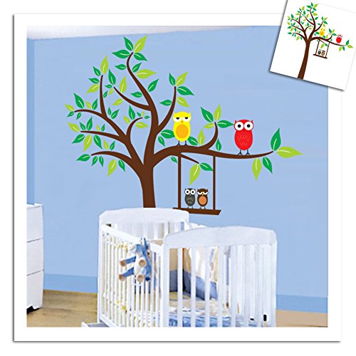ינשופים חמודים קריקטורה מתנדנד על עץ ירוק גדול נשלף קיר מדבקת מדבקות, ילדי ילדי תינוק בית חדר משתלת עשה