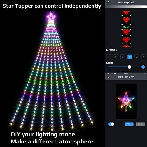 אורות עץ חג המולד חכמים - קישוטי חג המולד של 12 רגל חיצוניים אורות עם טופר כוכב, אורות מפל LED עם מרחוק