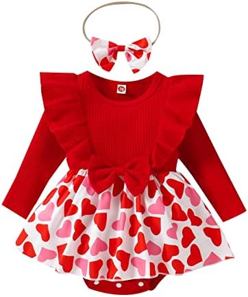 Guodeunh יילוד תינוקת תינוקת ולנטיין תלבושות הדפס לב שמלת רומפר פרוע שרוול ארוך גופי גופה+סרט בגימור