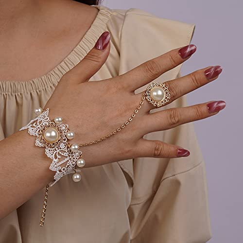 יופי פרל חרוזים לבן תחרה צמיד עם אצבע טבעת רטרו זהב יד שרשרת לנשים בנות גבירותיי יד תכשיטים