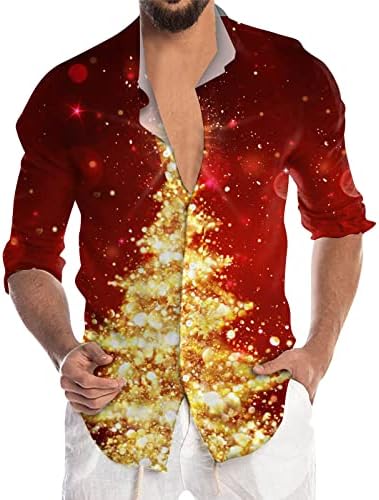 Dsodan חג המולד כפתור מזדמן מטה חולצות לגברים שרוול ארוך צווארון צוואר צוואר צמרות חולצת מסיבת הדפס של שלג