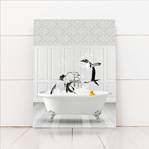 Soothan פינגווינים מצחיקים קיר אמבטיה תפאורה קיר בשחור לבן פינגווין קיר קיר אמנות חיות חמודות שלוקחות כרזות אמבטיה