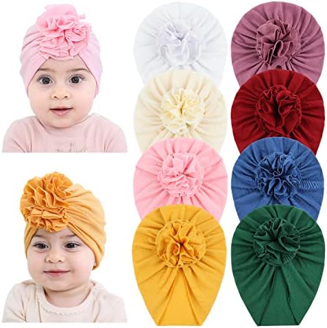 CINACI 8 חבילה כותנה רכה כותנה כובעי טורבן כובעים כובעים כפות כפות ראש עם קשת פרחים גדולה לתינוקות תינוקות