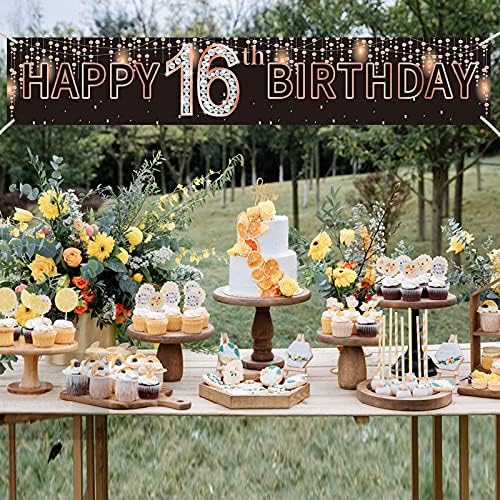 ערכת קישוטים של קישוטי באנר ליום הולדת 16, זהב ורד זהב בן 16 עיצוב מסיבת יום הולדת בן 16, שישה עשר