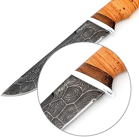 סכין ציד דמשק של נזרוב פרימיום - סכין פלדה של דמשק בעבודת יד עם נדן - סכיני להב קבוע חדים ביד עם