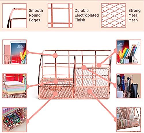 מארגן שולחני זהב של אמיצ'ר ורד, הכל במארגן שולחני אחד עם מחזיק עט, מחזיק עיפרון ומארגן נייר, אביזרי שולחן רשת