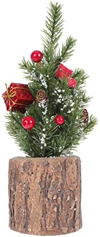 שולחן שולחן מיני חג המולד עץ אורן מיניאטורה עם בסיס עץ בסיס אדום פירות פינקונה קופסת מתנה קופסת
