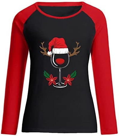 סווטשירט לחג המולד לנשים כוס יין גרפיקה גרפית שרוול ארוך צוואר צוואר גופיות חולצת טי חולצה רופפת