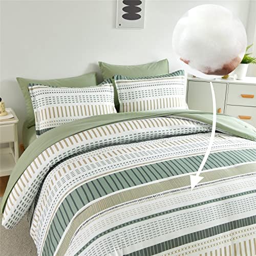 סט מיטה של ​​Davulos Boho Strepe Set Queen Size 7 מיטת חתיכות בשקית, לבן טלאים ירוקים של מרווה ירוק