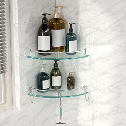 מדפי מקלחת זכוכית של יורקיומו, מדף פינת אמבטיה מזכוכית קיר קיר רכוב מדף מזכוכית מארגן מחזיק חסימת